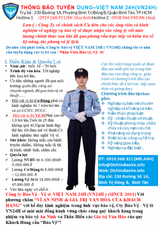 Tuyển dụng Nhân Viên Bảo vệ, Vệ Sĩ, Lao động Phổ thông Lương cao nhất TP.HCM